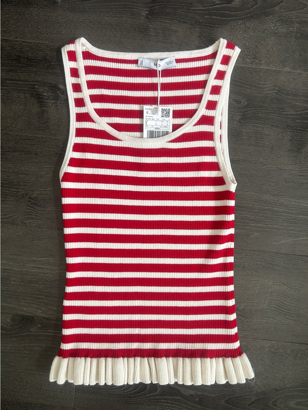 NWT MANGO Striped Knit Tank Top Ruffle Hem Red Cream Coquette/ Size S